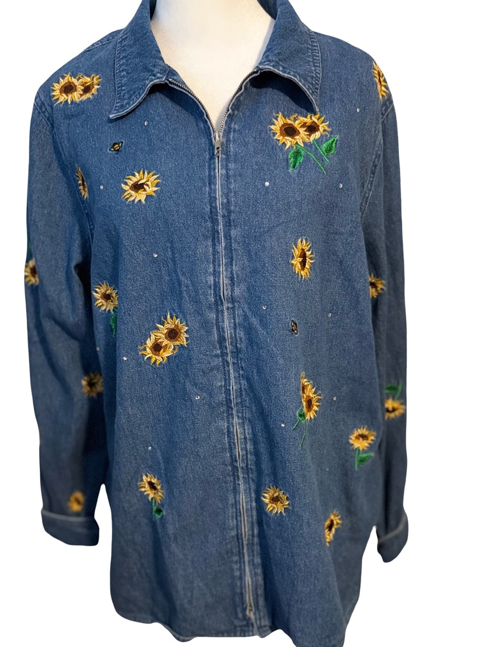 Vintage Quacker Factory Sunflower Embroidery Jean Denim Jacket Women L Folk 90s